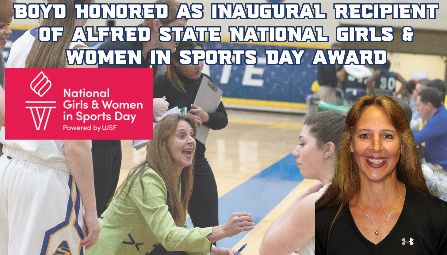 Gina Boyd, head women's basketball coach, pictured talking to her team was the recipient of the ASC National Girls & Women in Sports Day Award