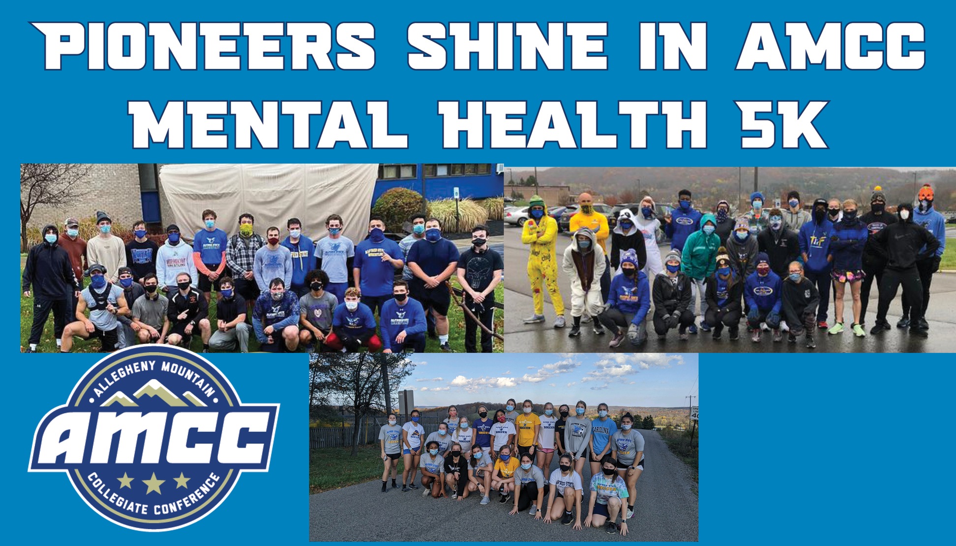 Alfred State student-athletes participate in the AMCC Mental Health 5k - pictured are the wrestling team, the track & field/cross country team, and the women's soccer team.