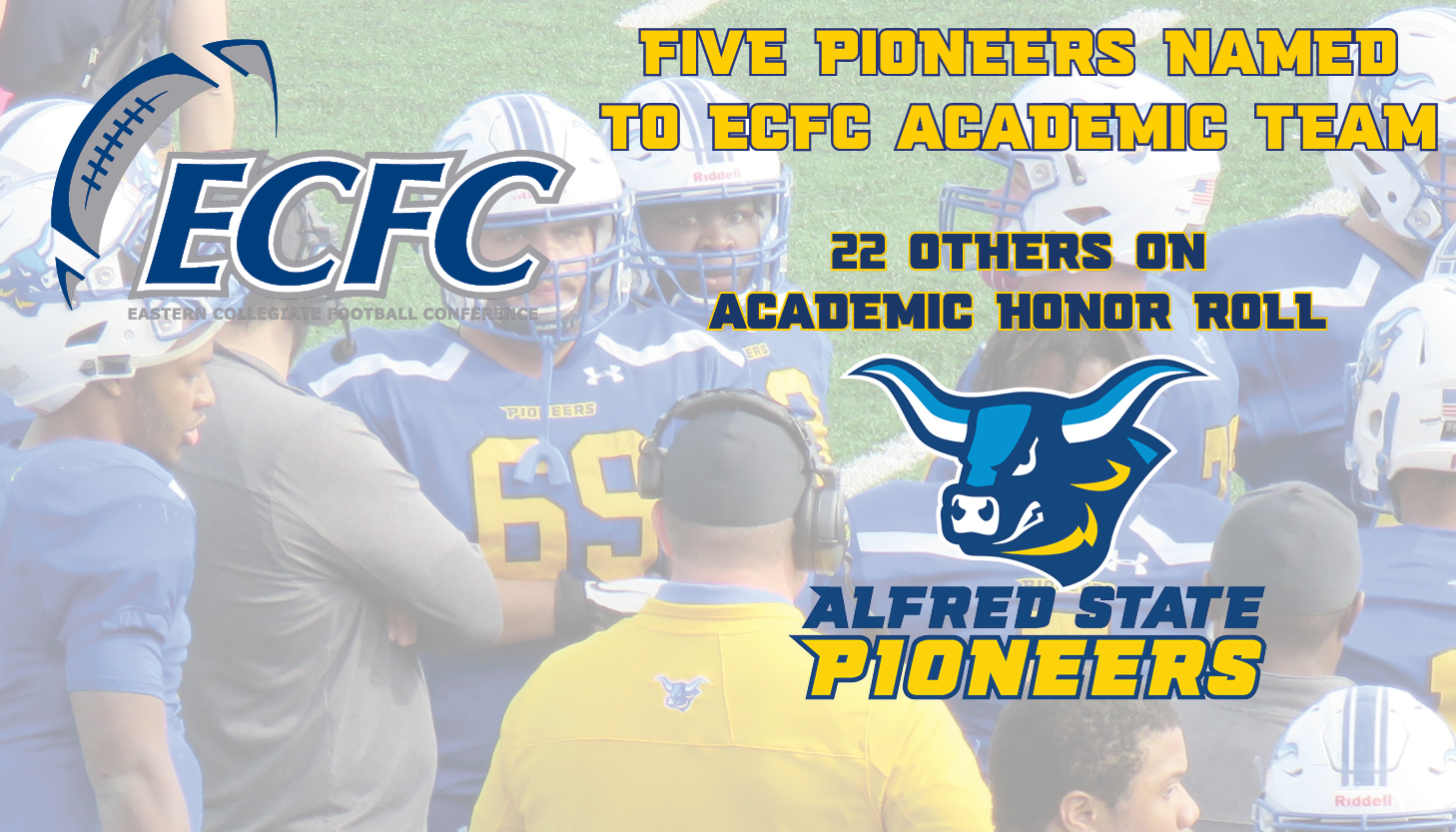 Five Pioneers Named to ECFC All Academic Team

Pictured is the ECFC and Alfred State logos and in background is a team sideline meeting.