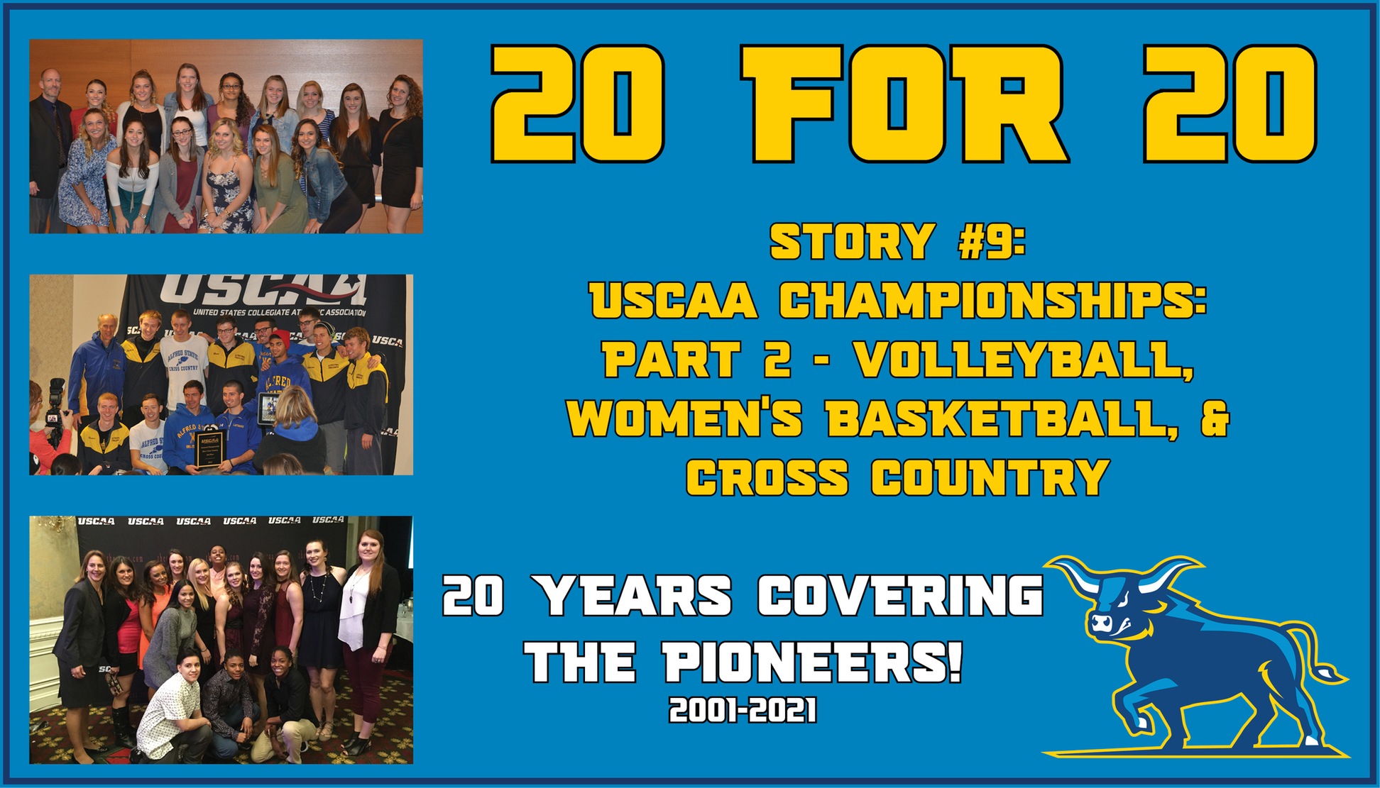 20 for 20 - Story 9 - USCAA Championships - Volleyball, Women's Basketball, and Cross Country

Featured are pictures of the volleyball team at a USCA Championship banquet, the men's cross country team with their 3rd place trophy, and women's basketball team at the USCAA banquet