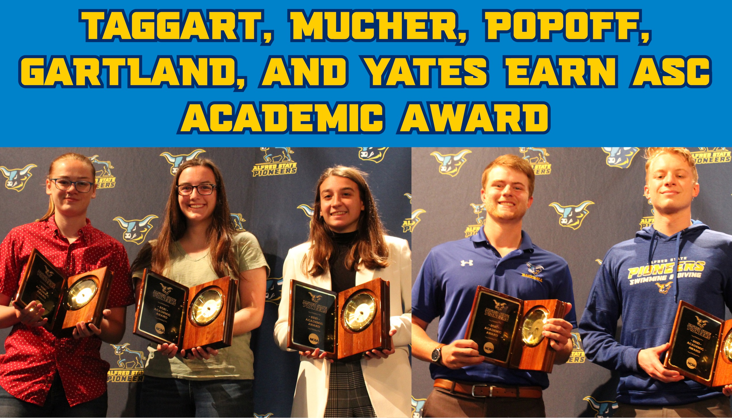 Pictured are the winners of the 2021 Alfred State Academic Award. 

From left to right - Emma Taggart, Riley Mucher, Isabelle Popoff, AJ Gartland, and Stuart Yates