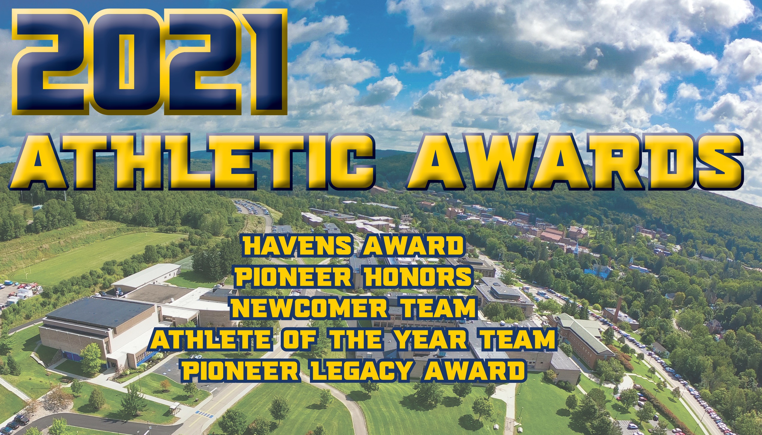 Schedule for the 2021 Athletic Awards - picture features an aerial view of Alfred State's campus.
