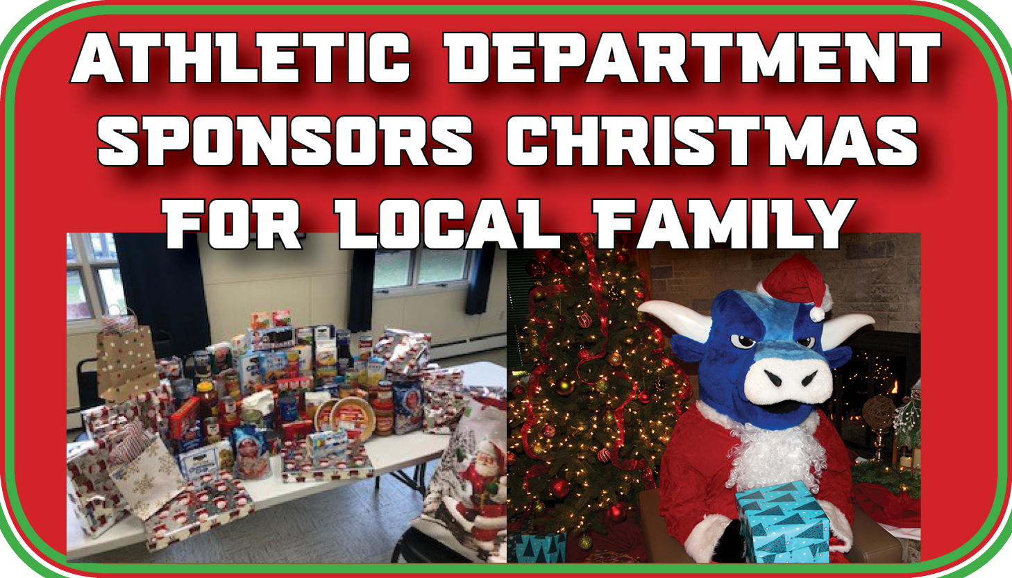 Athletic Department Sponsors Christmas for Local Family - pictured is Big Blue in front of a Christmas tree and the gifts and food collected for the donation.