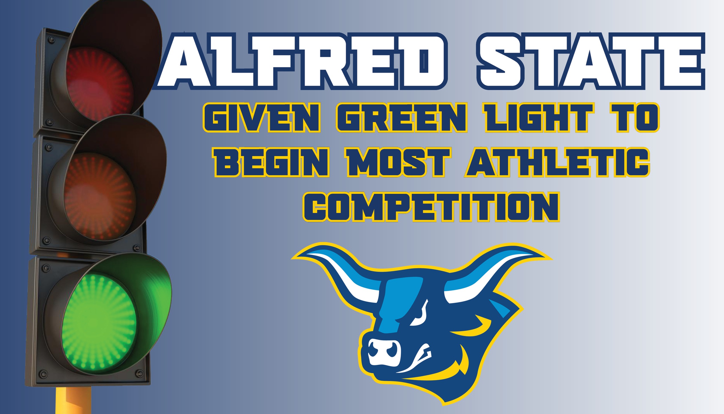 Picture includes stop light and Alfred State athletic Ox logo