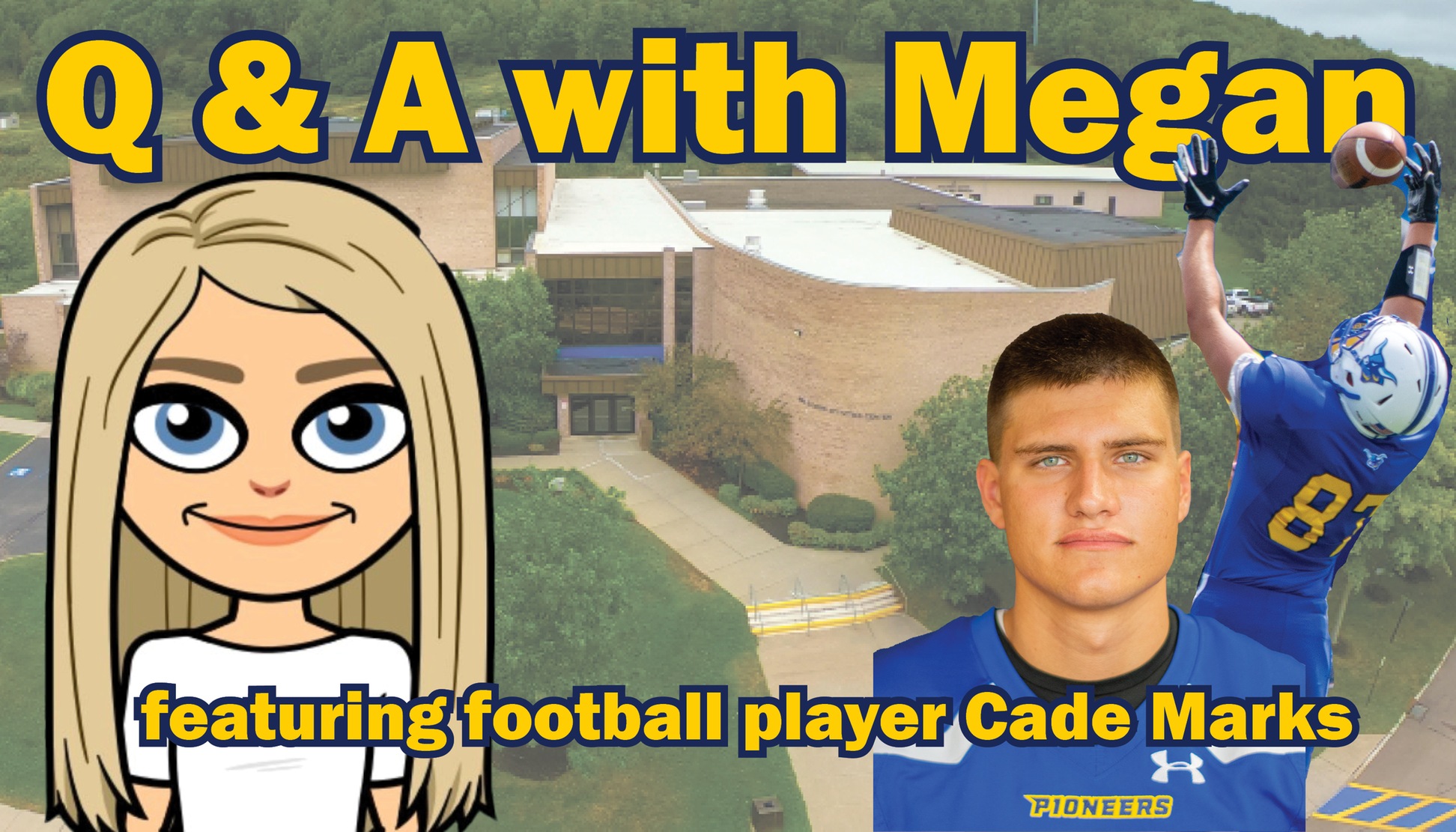 Q&A with Megan - featuring Cade Marks 
pictured is a bitmoji of Megan and a photo of Cade Marks