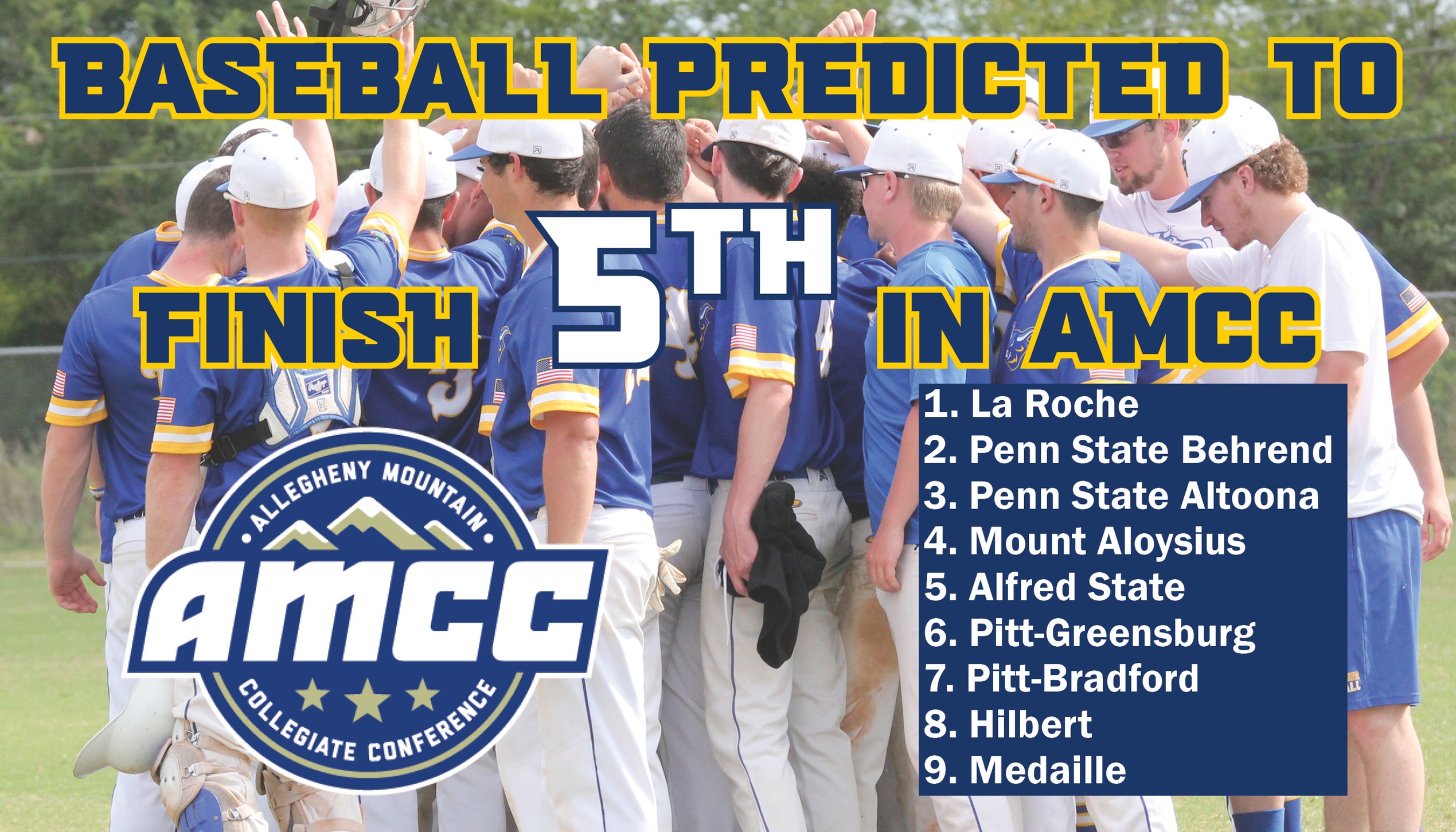Baseball team postgame huddle - story highlights team being predicted 5th in AMCC preseason poll