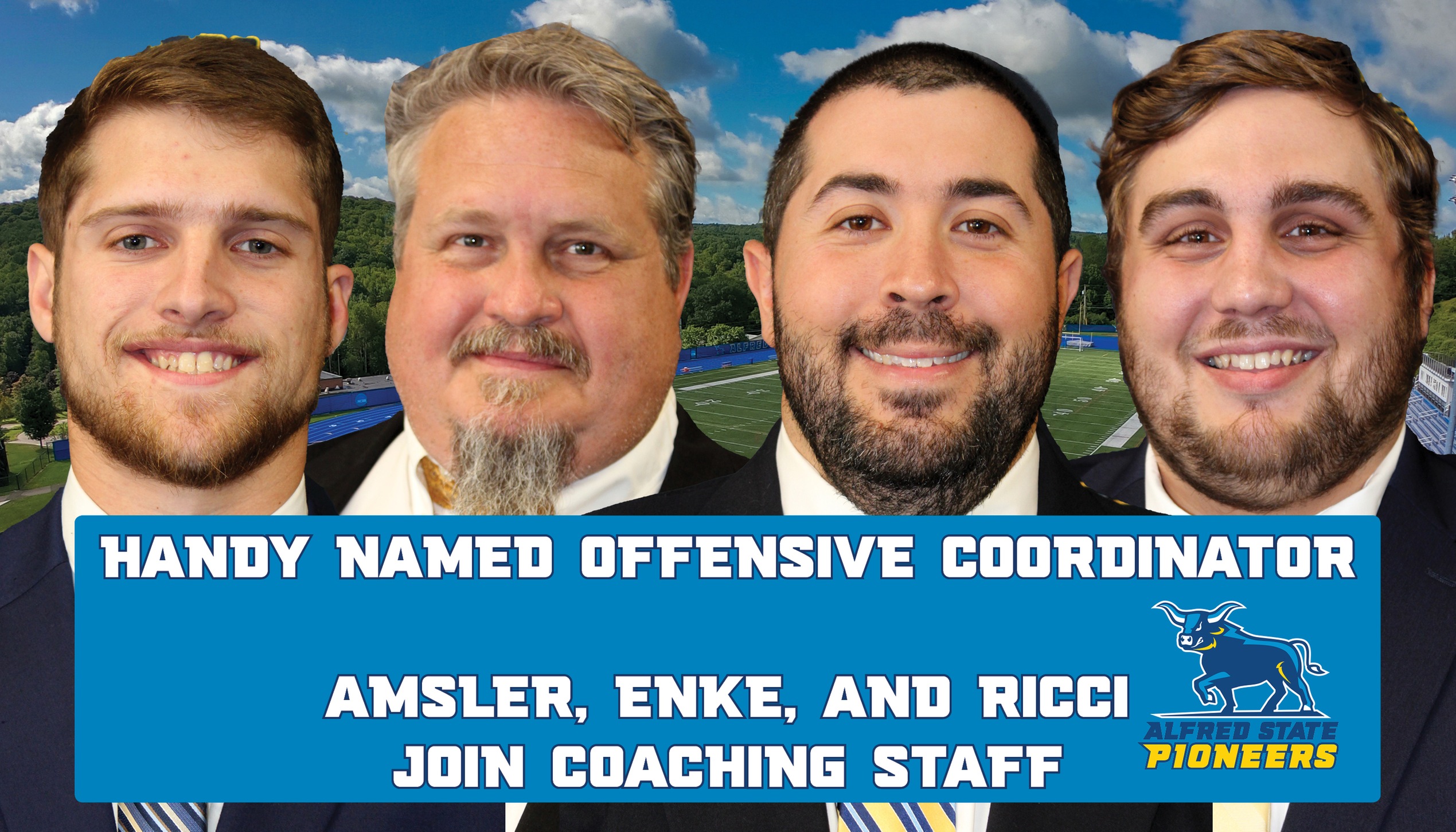 Jakob Amsler, Evan Enke, Zach Handy, and Hayden Ricci headshots announcing them as the new members of the football coaching staff.