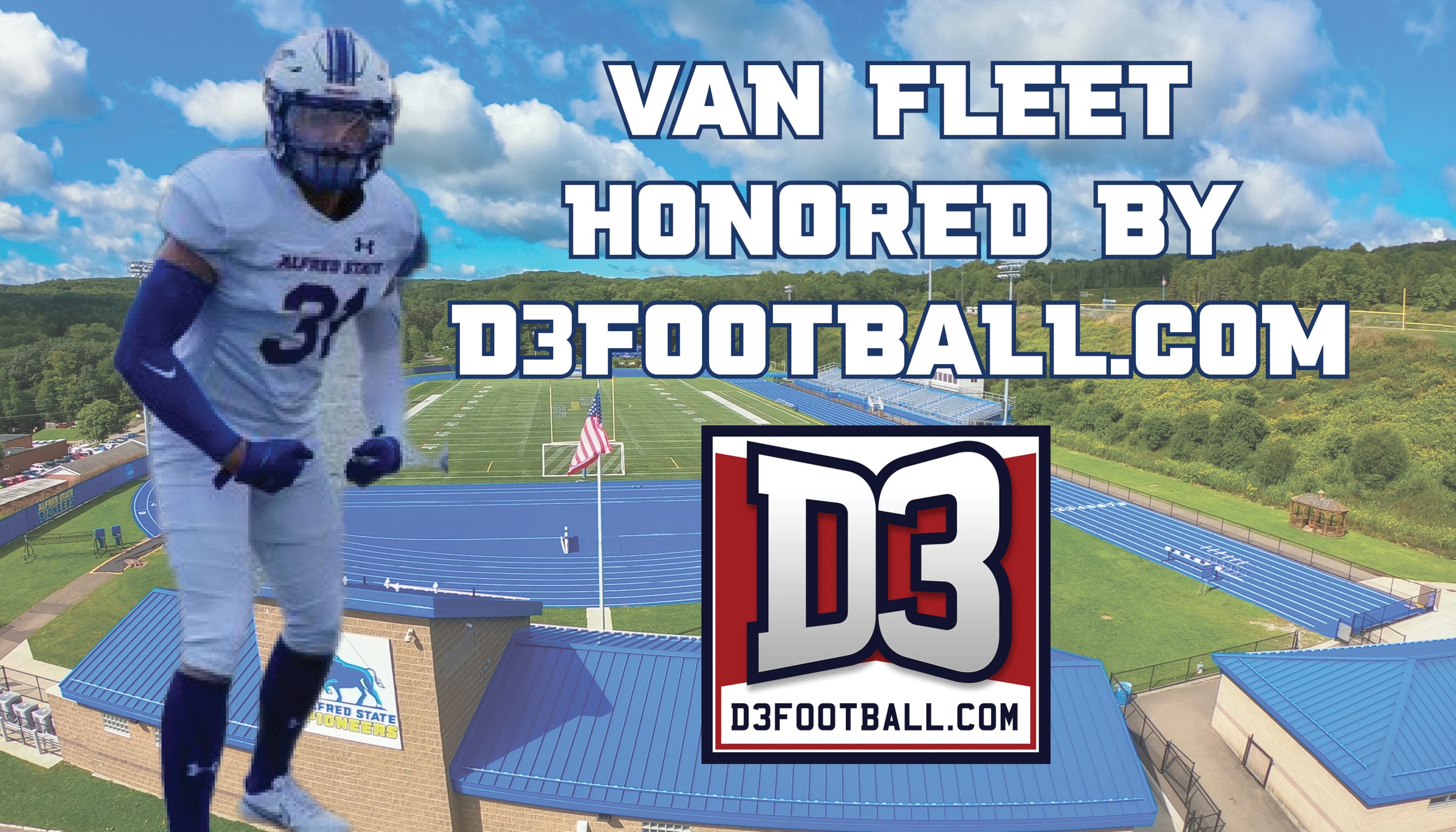 Rylie Van Fleet honored by D3football.com. He is pictured here with an image of Pioneer Stadium in the background.