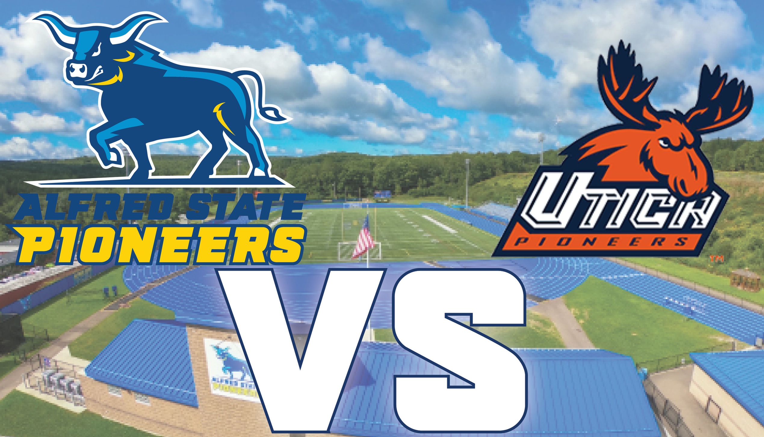 Logos of Alfred State and Utica with a picture of Pioneer Stadium in the background.