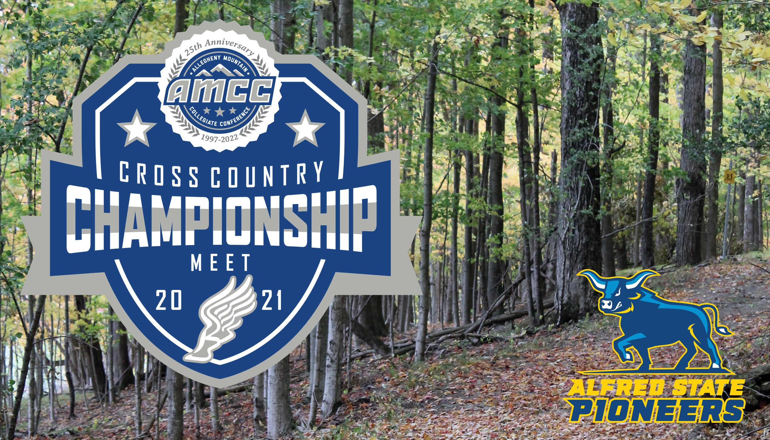 Picture of part of the cross country course with AMCC Championship logo.
