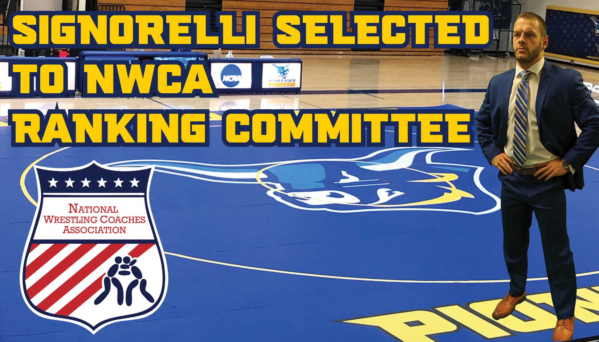 Wrestling coach Justin Signorelli has been selected to the NWCA Ranking Committee - picture features Signorelli standing on the competition mat.