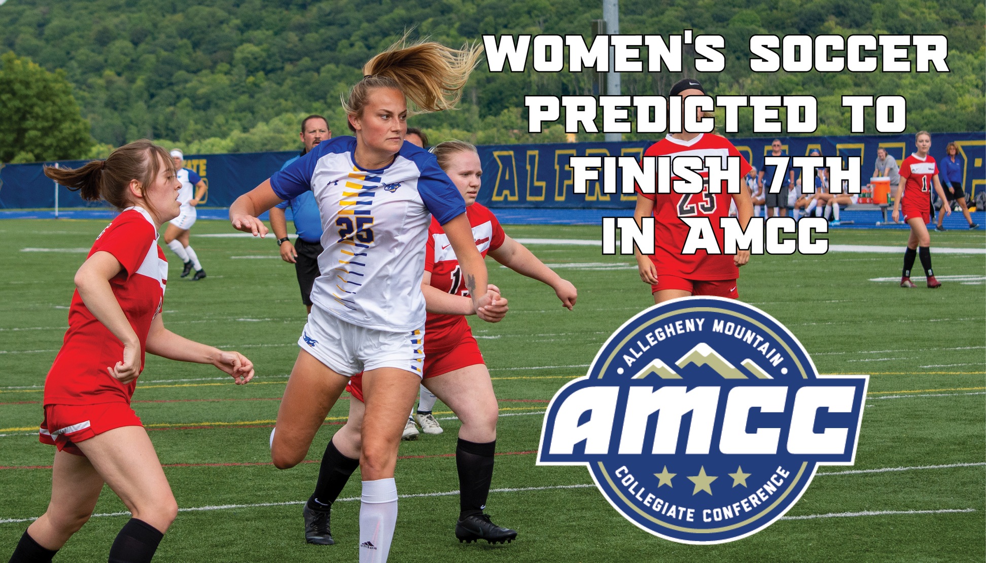 Alfred State Women's Soccer team predicted 7th in the AMCC - Maggie Meyer heads the ball surrounded by defenders in a recent scrimmage.