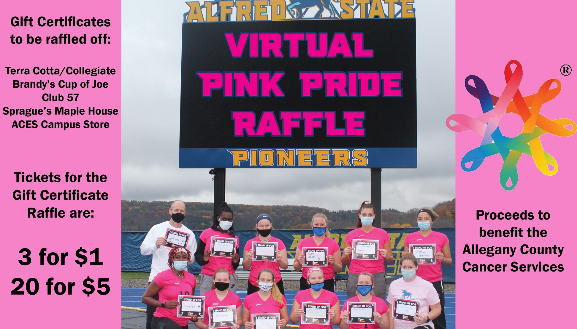 The volleyball team will be doing a Pink Pride Raffle - pictured is the volleyball team in front of the video board at Pioneer Stadium holding I Stand for cancer signs.