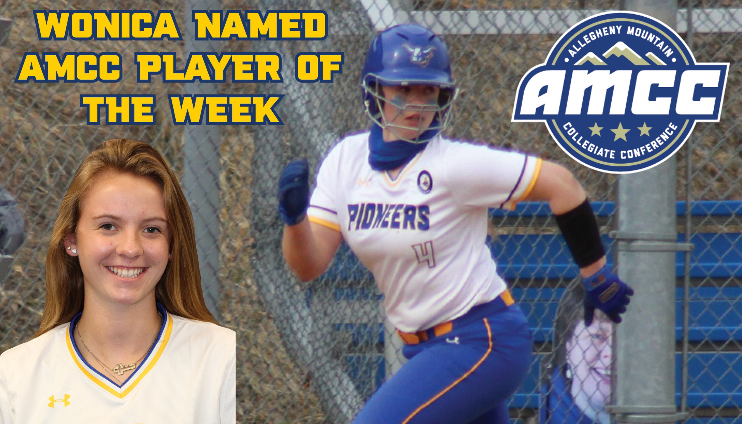 Kailey Wonica named AMCC player of the Week
Pictured - Wonica running down the first base line and a headshot of Wonica.