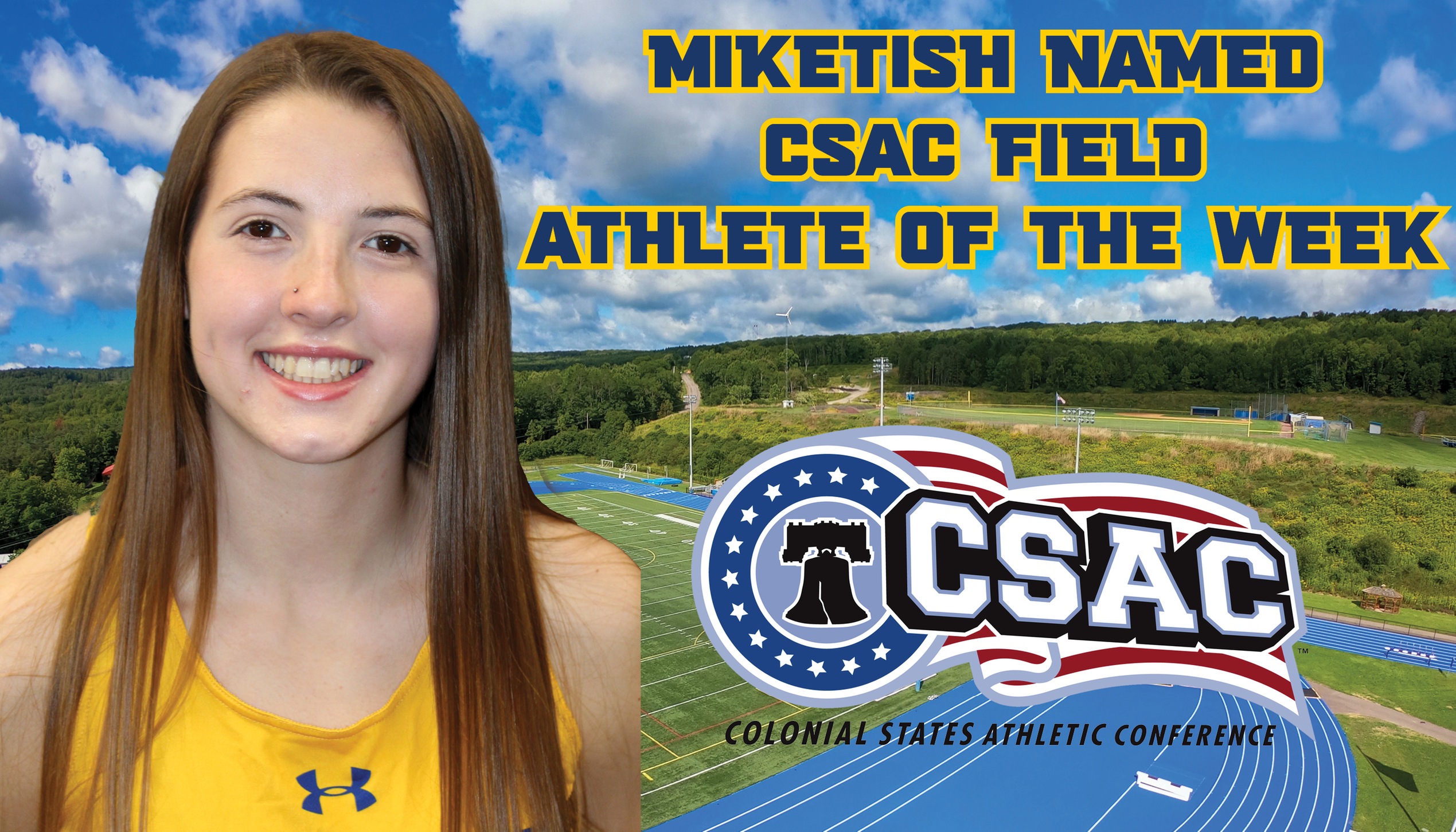 Miketish Named CSAC Field Athlete of the Week - picture features a headshot of Marina Miketish with a picture of Pioneer Stadium in the background.