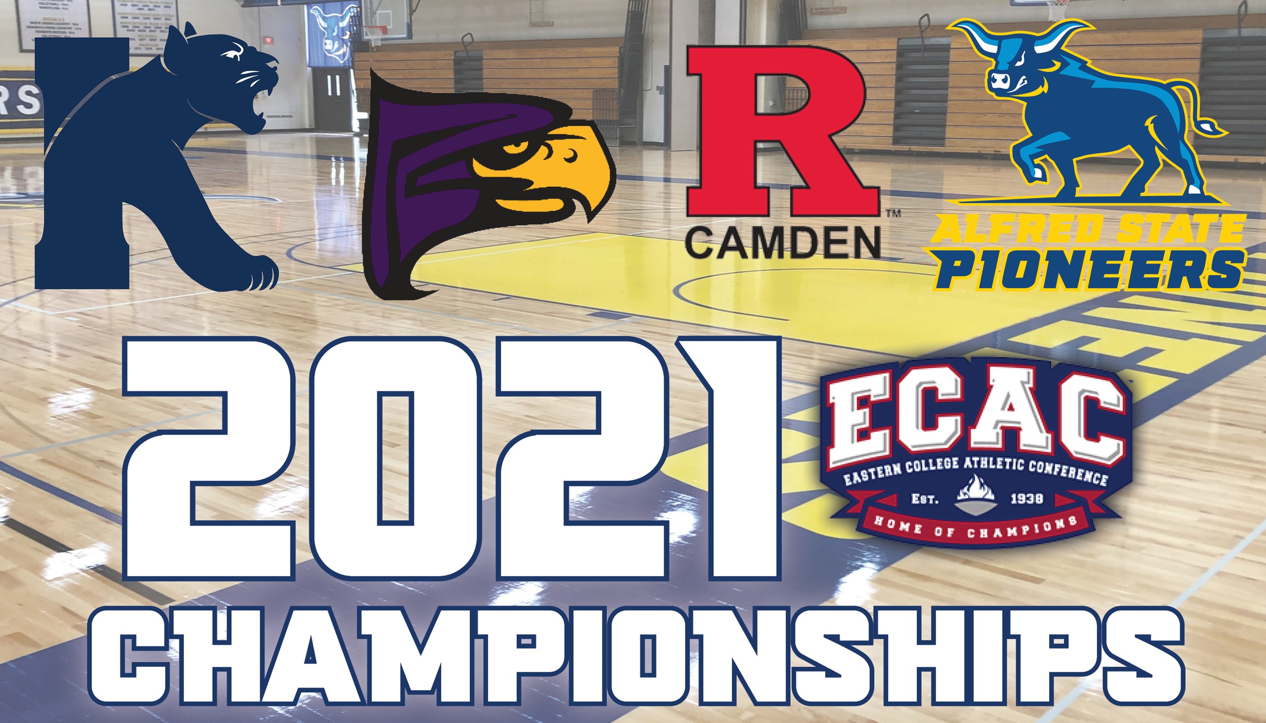 Logos of Kean, Hunter, Rutgers Camden, and Alfred State - the participants of the 2021 ECAC Championships.